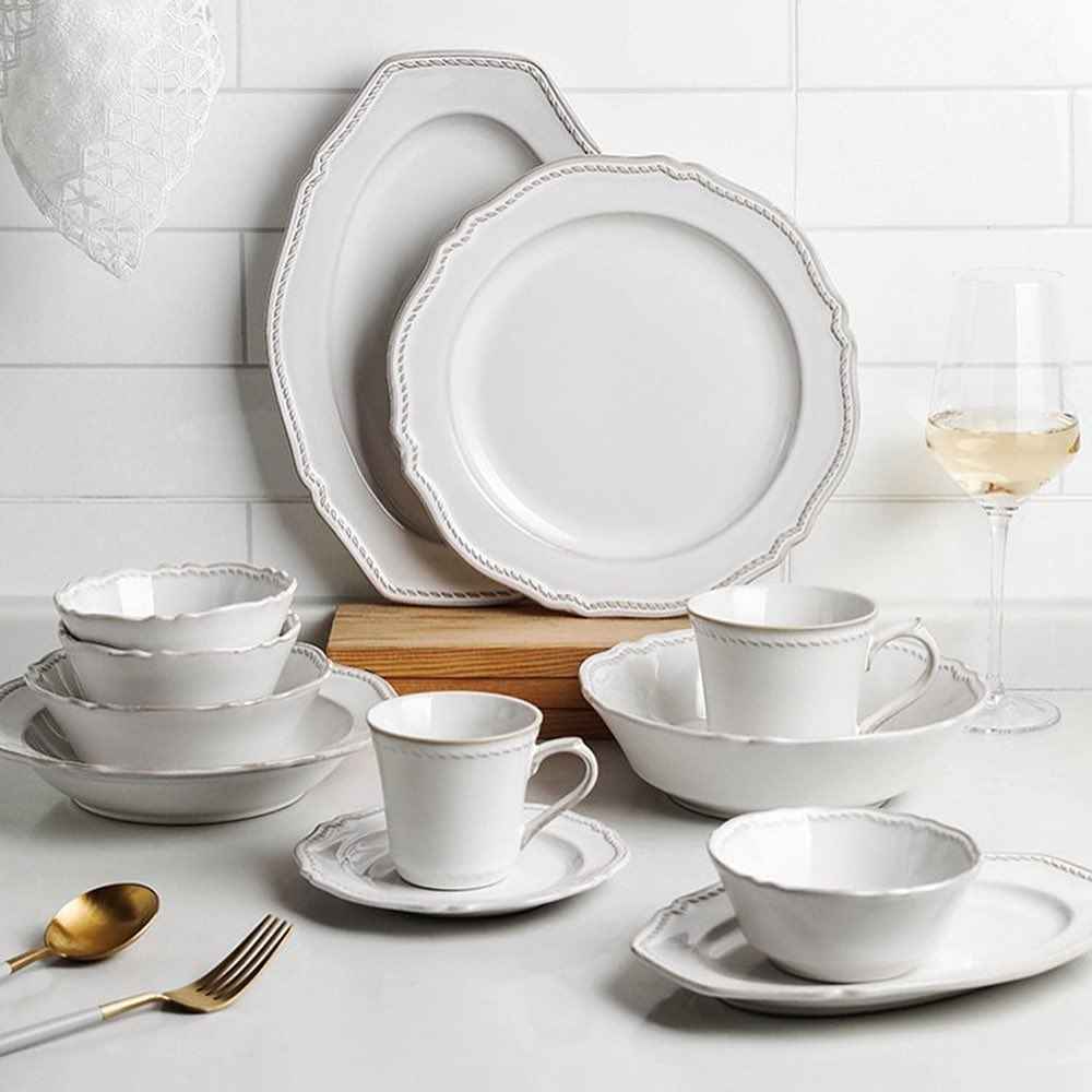 Bộ bát đĩa cao cấp phong cách vintage màu trắng hoa tiết gờ nổi