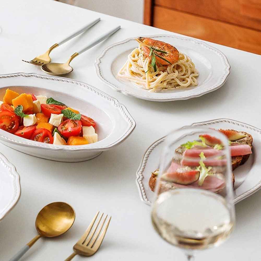 Bộ bát đĩa cao cấp phong cách vintage màu trắng hoa tiết gờ nổi