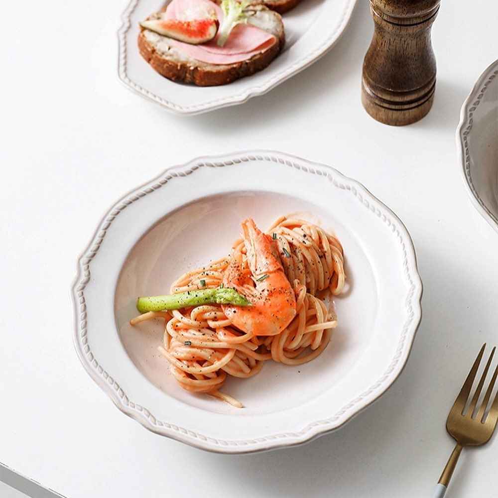 Bộ bát đĩa cao cấp phong cách vintage màu trắng hoa tiết gờ nổi