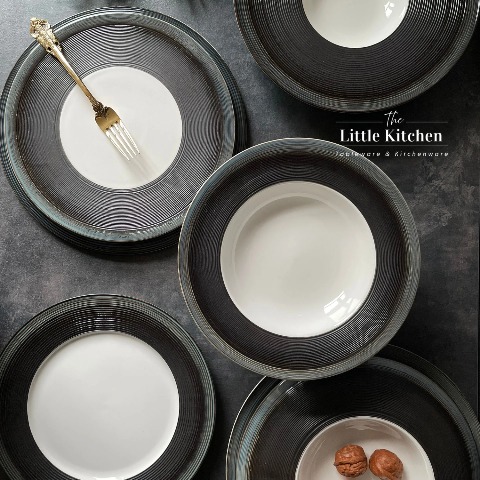 Bộ đĩa nhà hàng cao cấp màu trắng họa tiết viền gân xanh