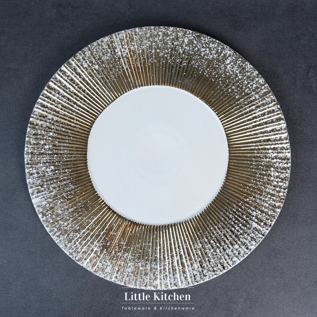 Bộ đĩa cao cấp màu trắng nhũ vàng họa tiết nan quạt