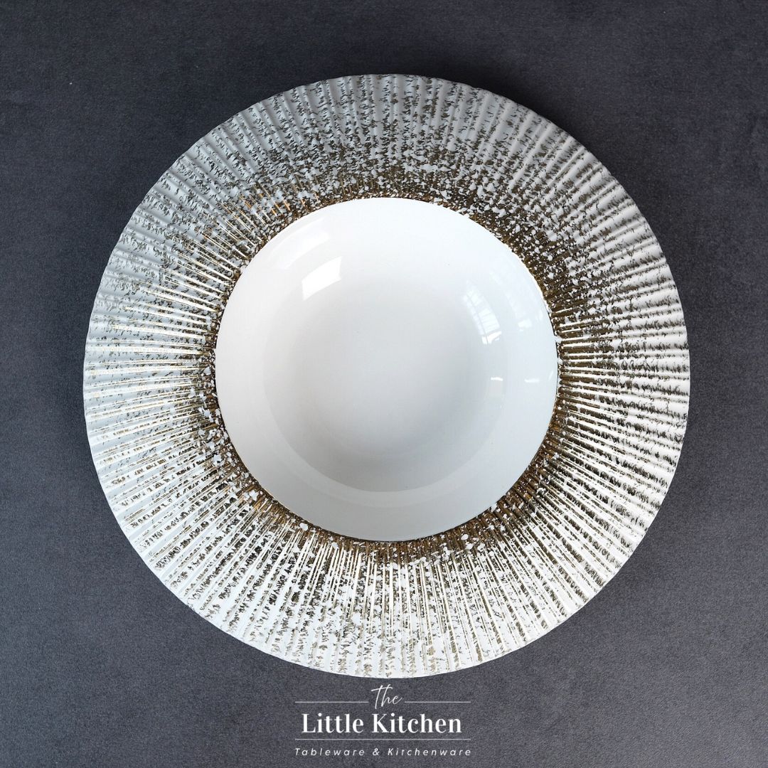 Bộ đĩa cao cấp màu trắng nhũ vàng họa tiết nan quạt