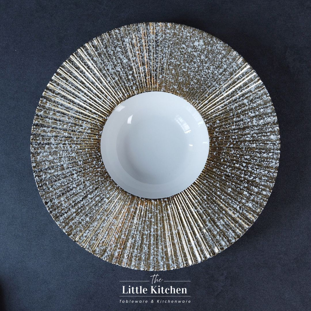 Bộ đĩa cao cấp màu trắng nhũ vàng họa tiết nan quạt