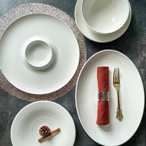 Bộ bát đĩa cao cấp màu trắng họa tiết viền gân