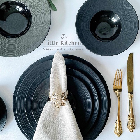 Bộ bát đĩa cao cấp màu đen họa tiết viền gân