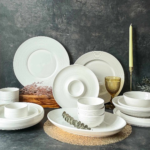 Bộ bát đĩa cao cấp màu trắng họa tiết viền gân