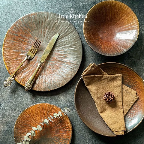 Bộ bát đĩa cao cấp màu nâu họa tiết tia cam