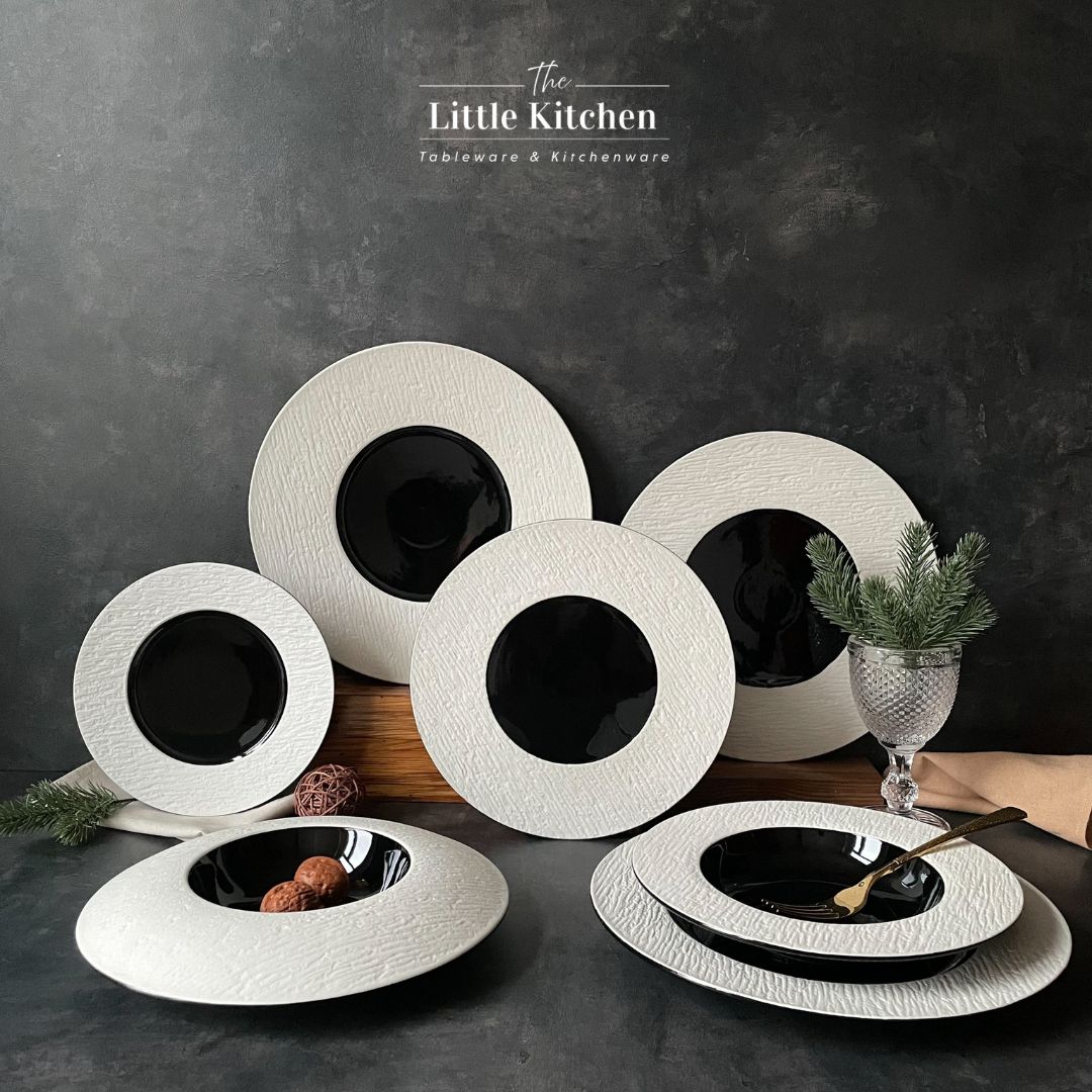 Bộ đĩa cao cấp màu đen họa tiết viền nhám trắng