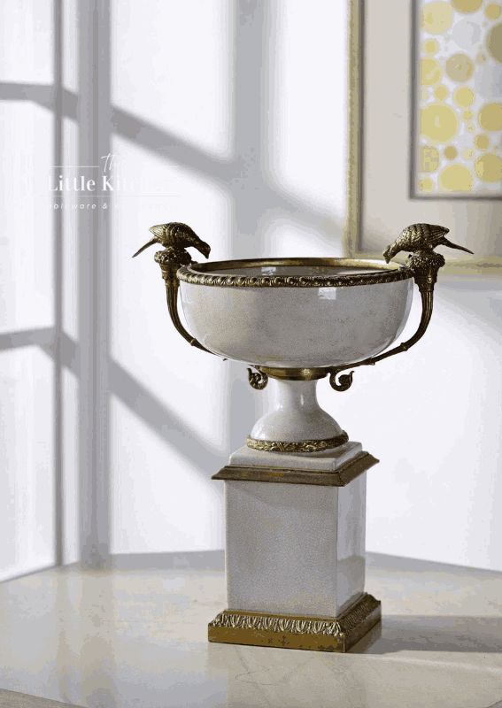 Khay sứ đồng quai tai chim Trắng 35x25