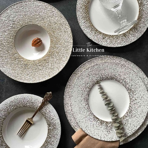 Bộ đĩa cao cấp màu trắng họa tiết viền trắng nhũ lì