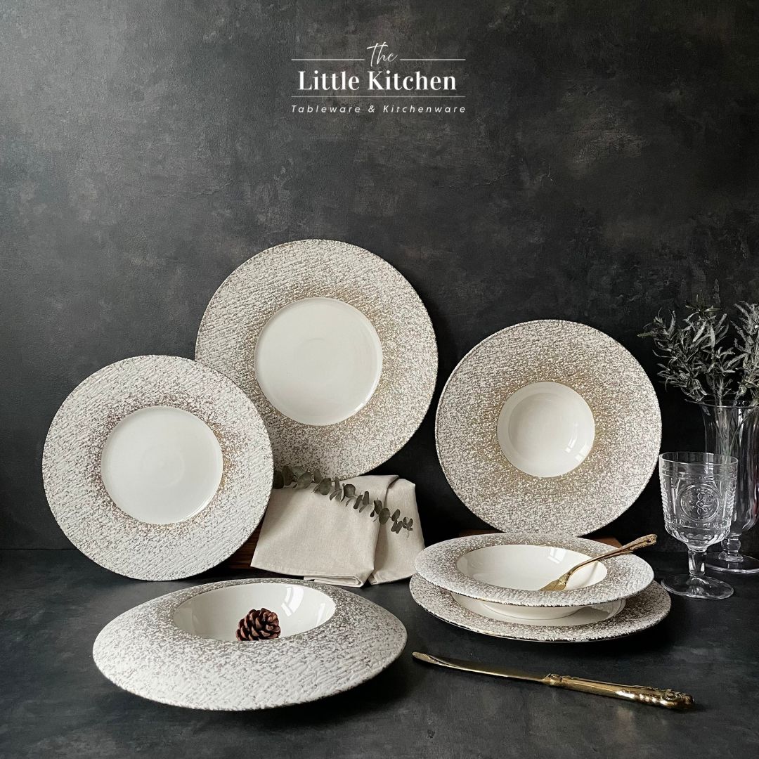 Bộ đĩa cao cấp màu trắng họa tiết viền trắng nhũ lì