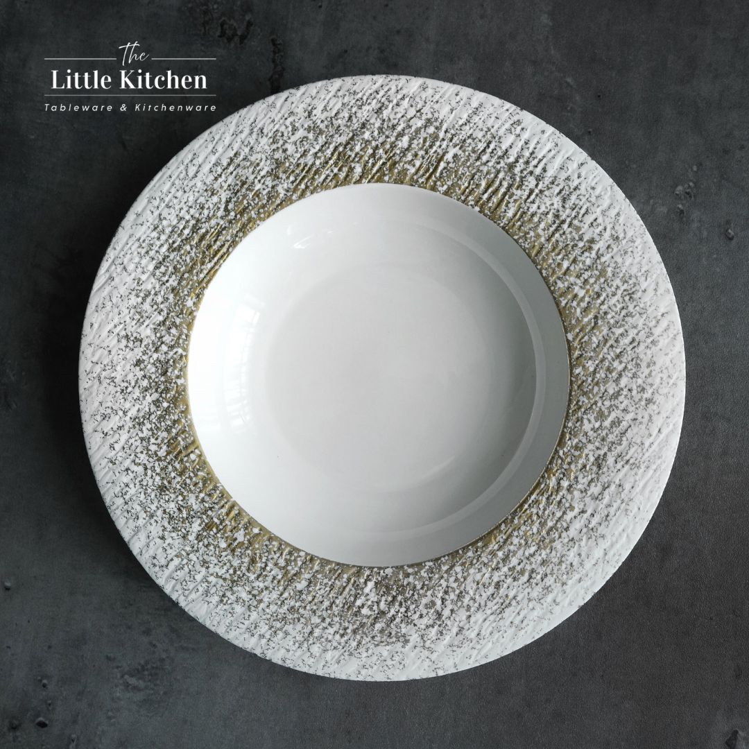 Bộ đĩa cao cấp màu trắng họa tiết viền trắng nhũ lì