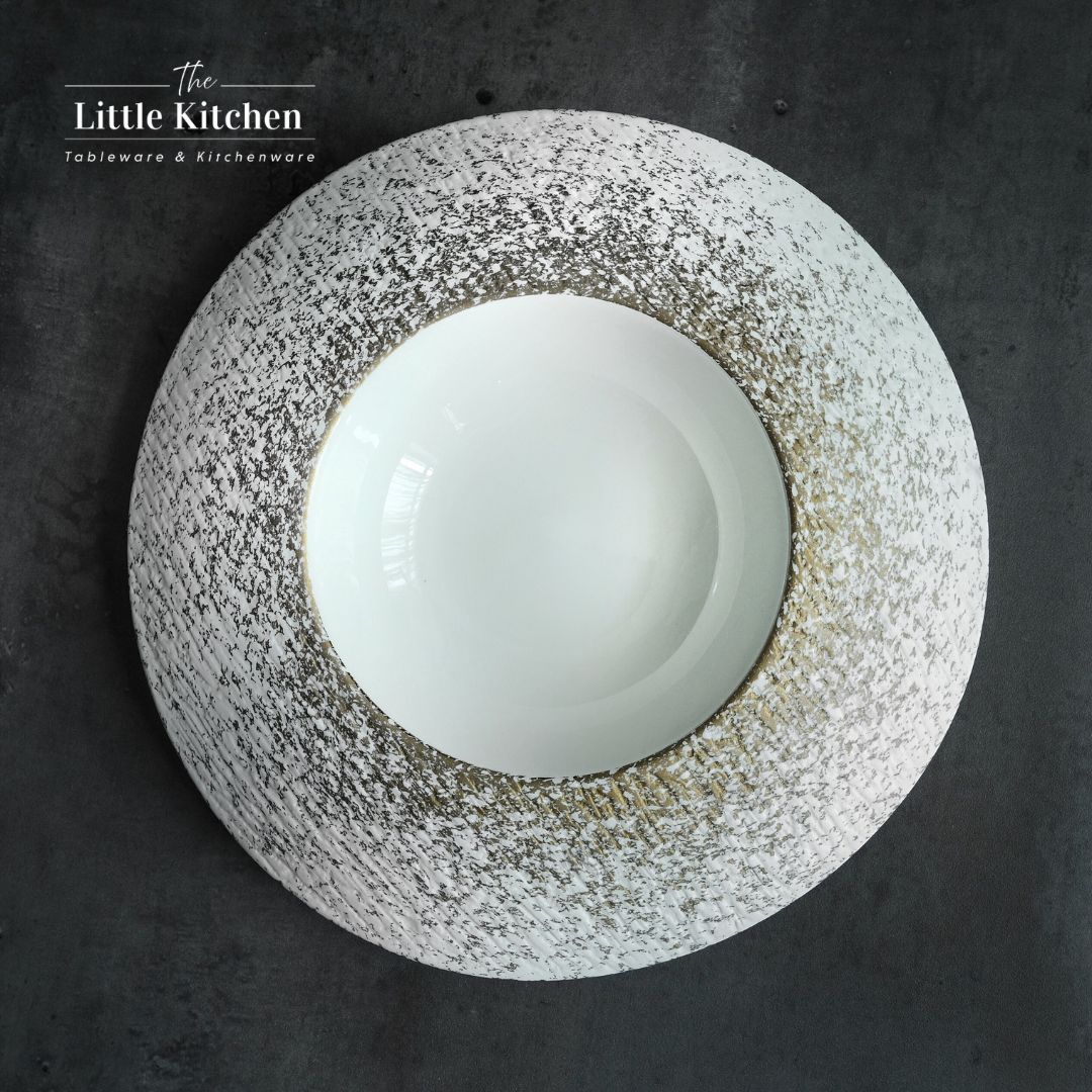 Bộ đĩa cao cấp màu trắng họa tiết viền trắng nhũ lì