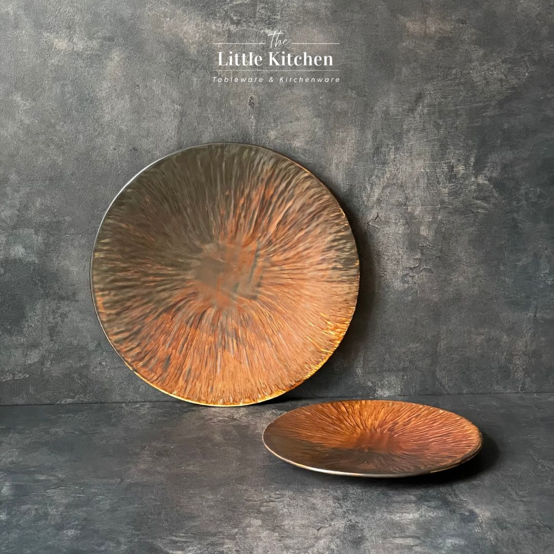 Bộ bát đĩa cao cấp màu nâu họa tiết tia cam