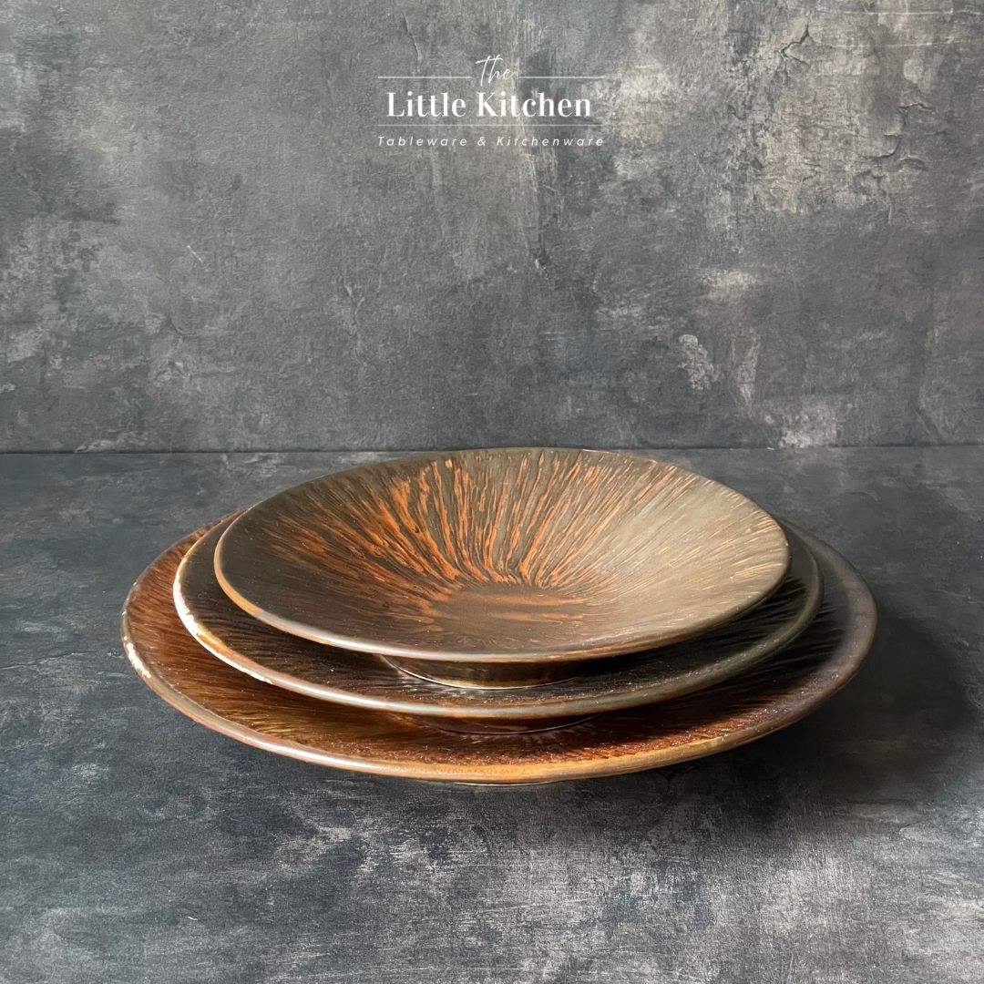 Bộ bát đĩa cao cấp màu nâu họa tiết tia cam