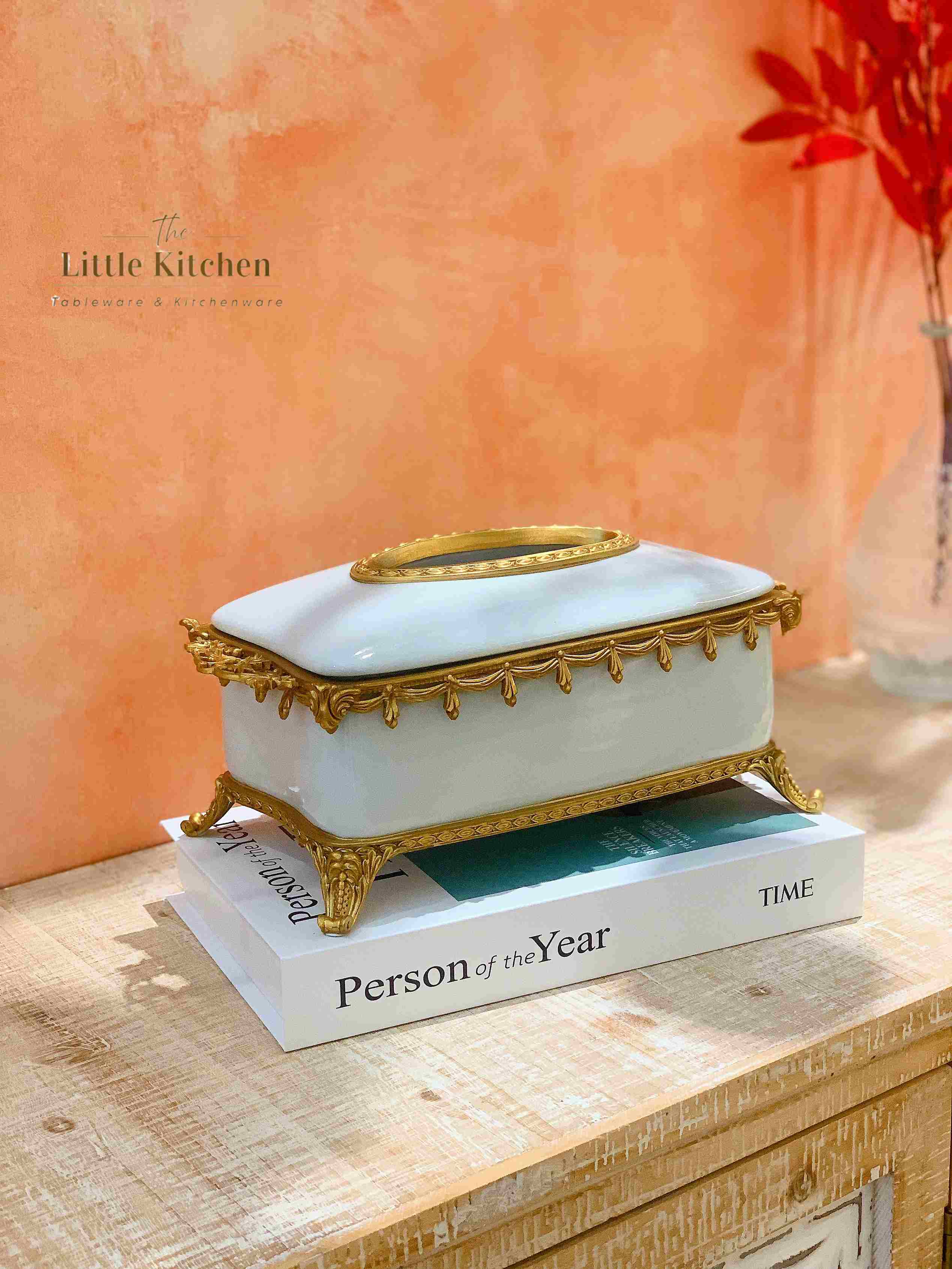 Hộp giấy sứ đồng Trắng viền rua 30x16