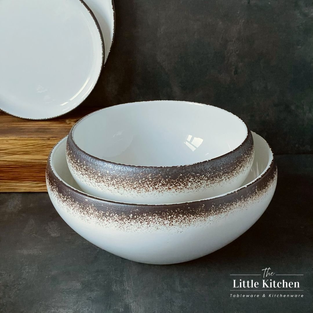 Bộ bát đĩa gia đình cao cấp màu trắng viền nâu men bóng