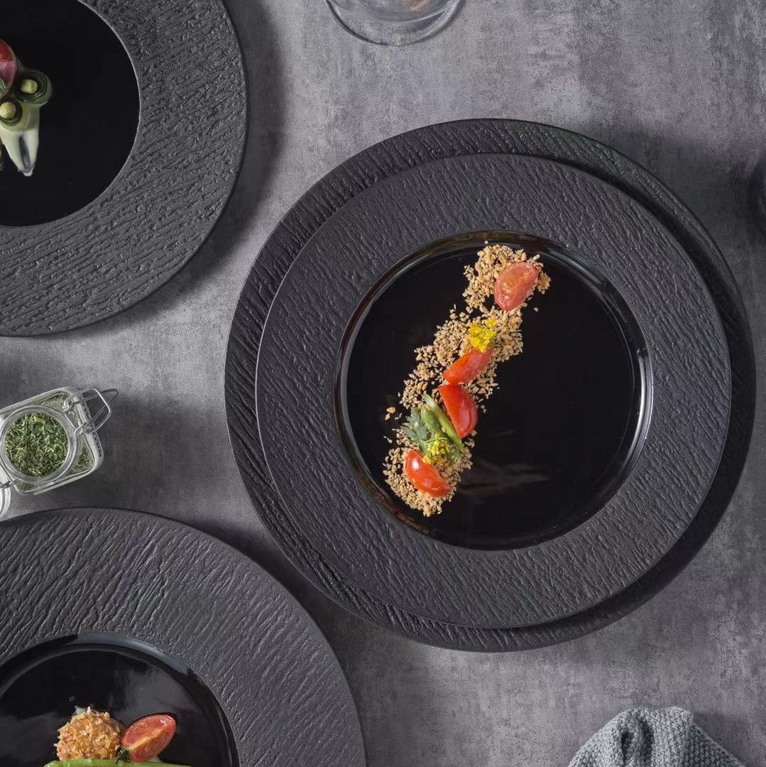 Bộ đĩa cao cấp màu đen họa tiết viền nhám