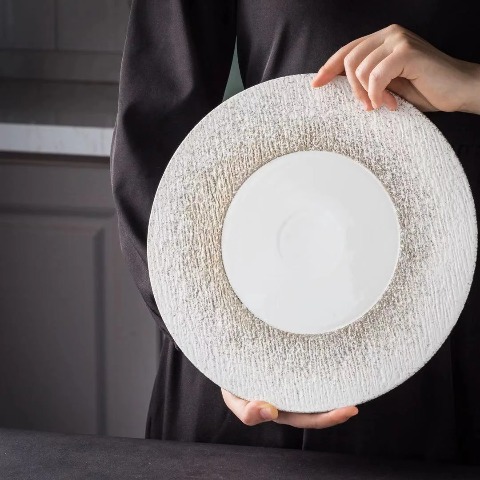 Bộ đĩa cao cấp màu trắng họa tiết viền trắng nhũ lì