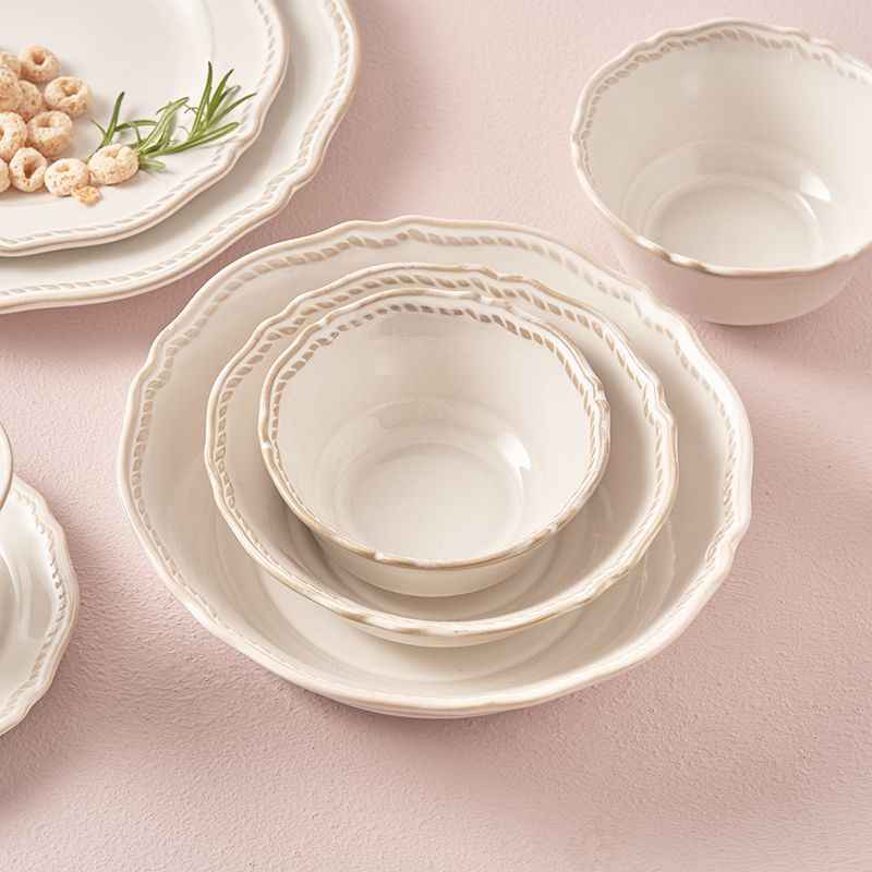 Bộ bát đĩa cao cấp phong cách vintage màu trắng hoa tiết gờ nổi