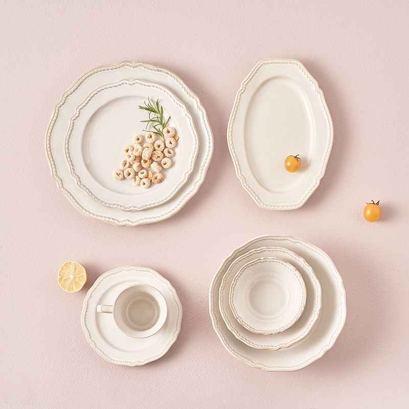 Bộ bát đĩa cao cấp phong cách vintage màu trắng hoa tiết gờ nổi