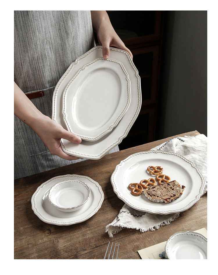 Bộ bát đĩa cao cấp phong cách vintage màu trắng hoa tiết gờ nổi