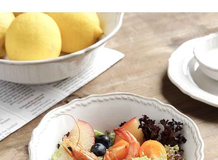 Bộ bát đĩa cao cấp phong cách vintage màu trắng hoa tiết gờ nổi