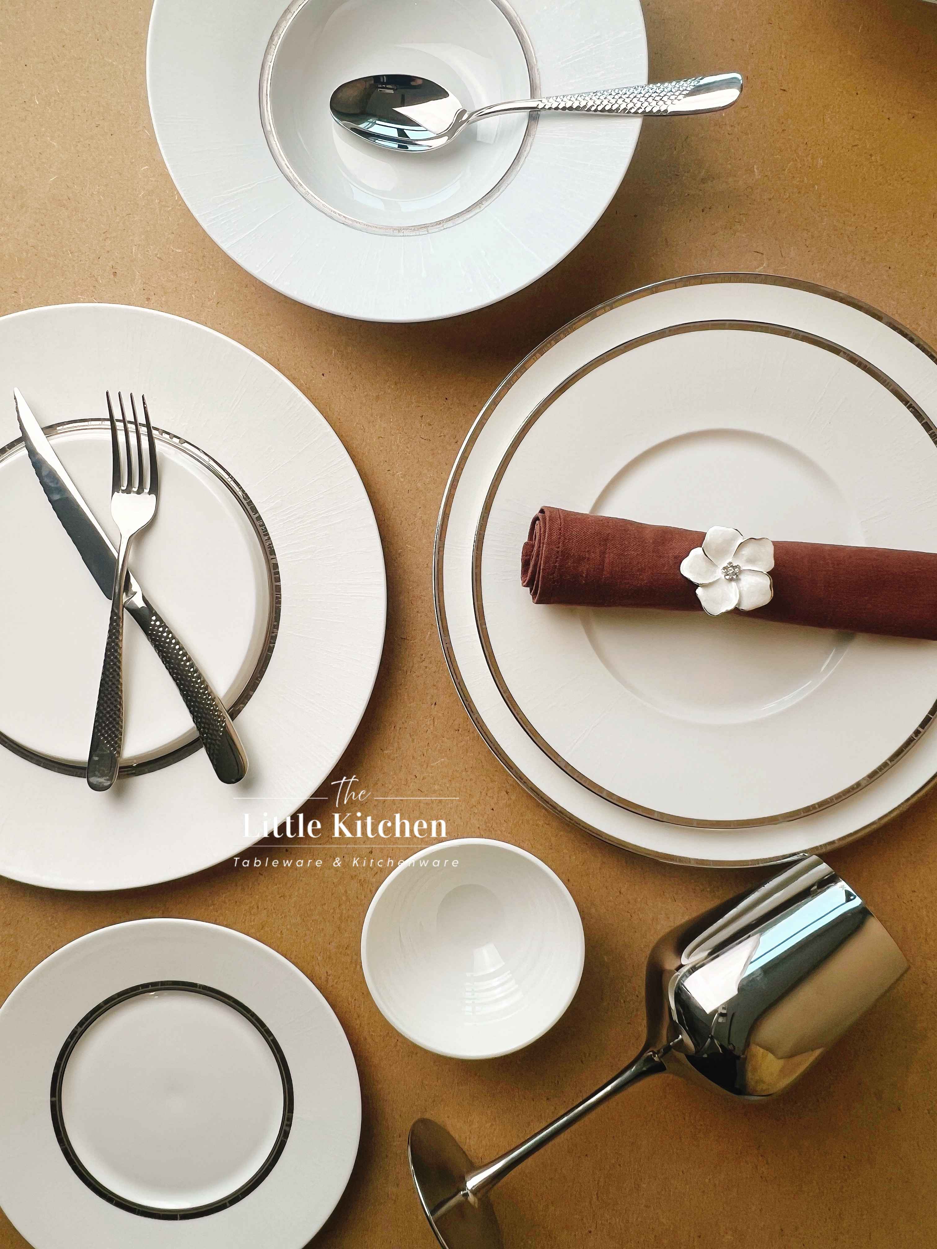 Bộ bát đĩa cao cấp sứ Magie màu trắng viền bạc