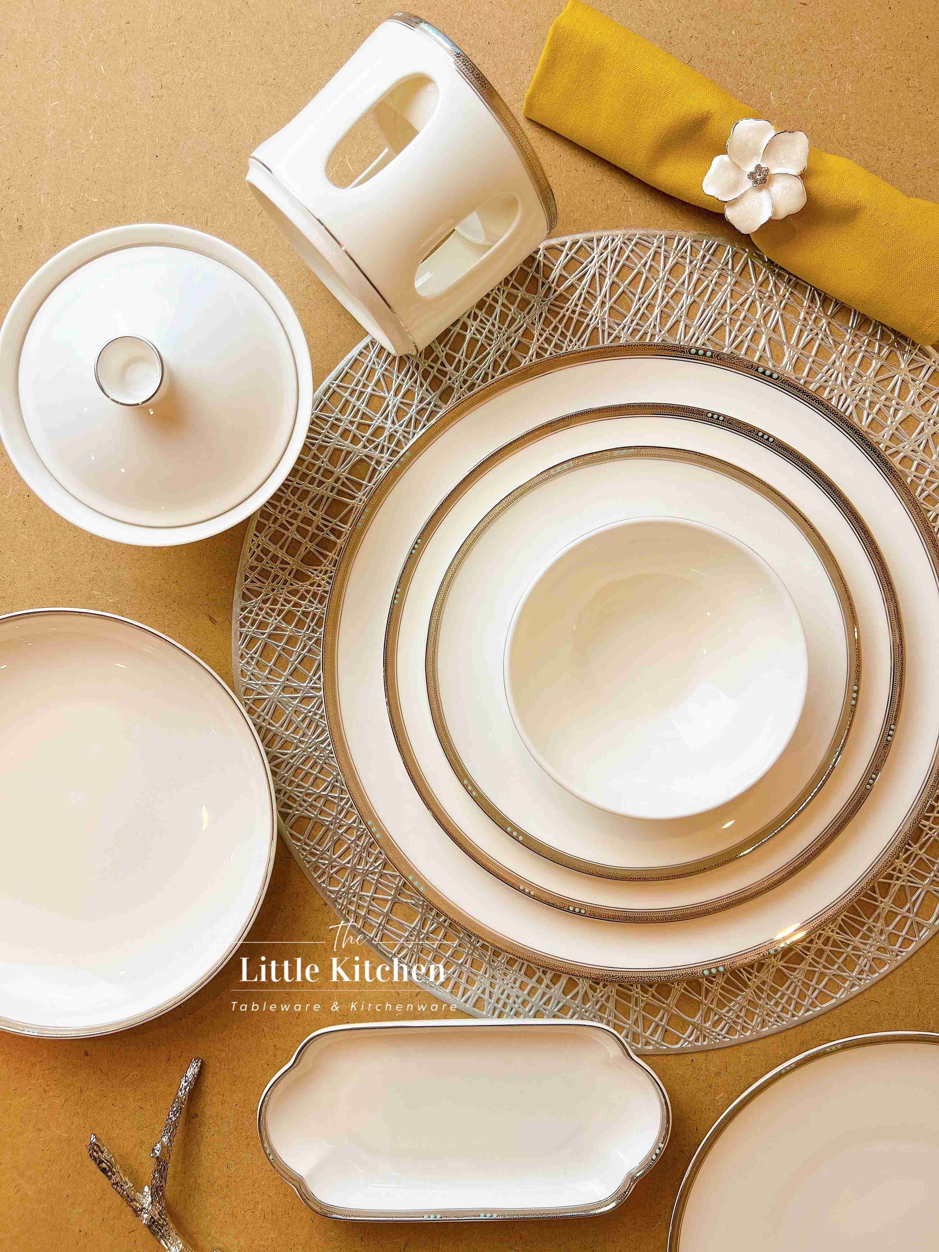 Bộ bát đĩa cao cấp sứ  Magie màu trắng viền bi