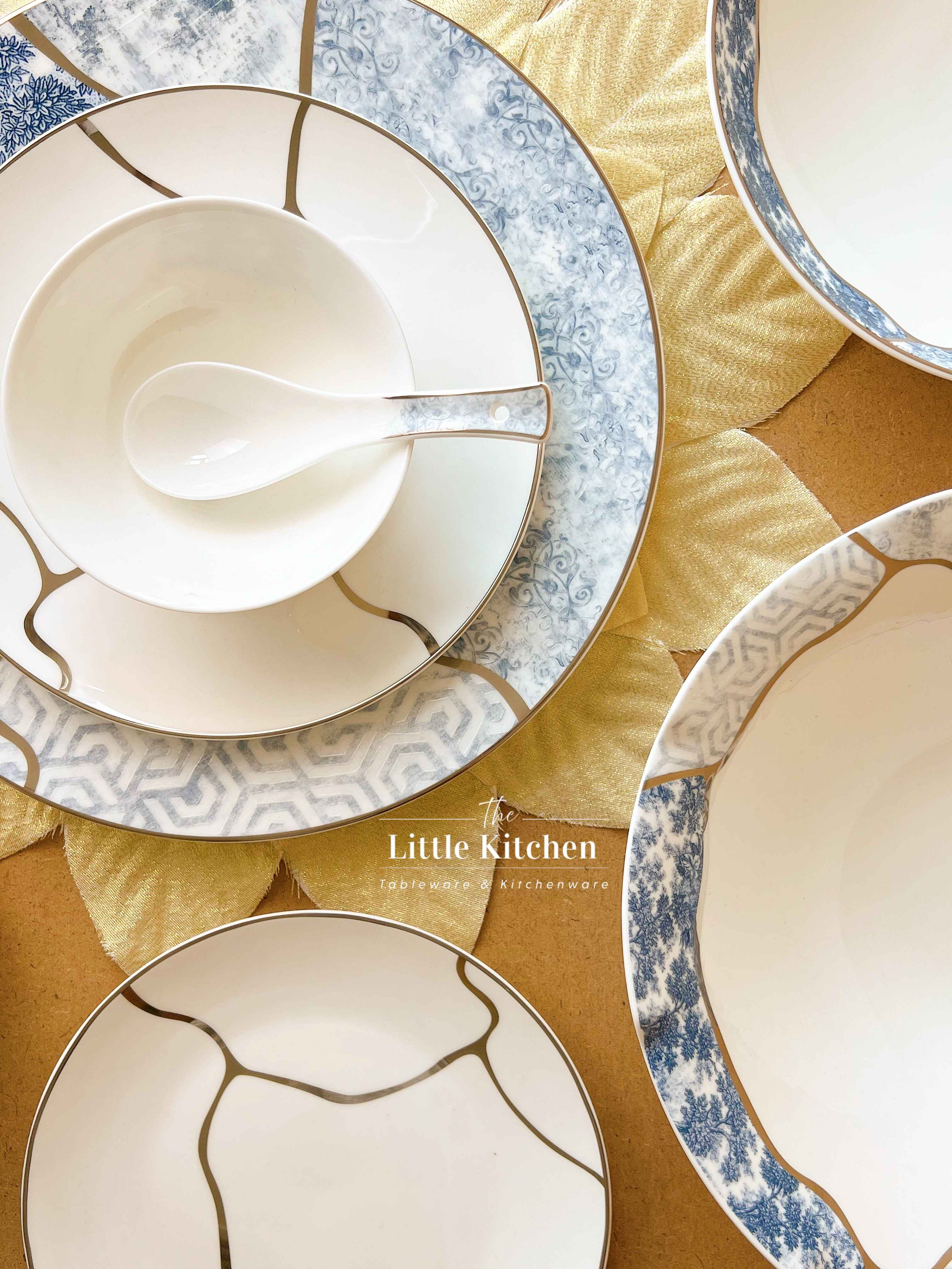 Bộ bát đĩa cao cấp sứ xương hoa văn lam