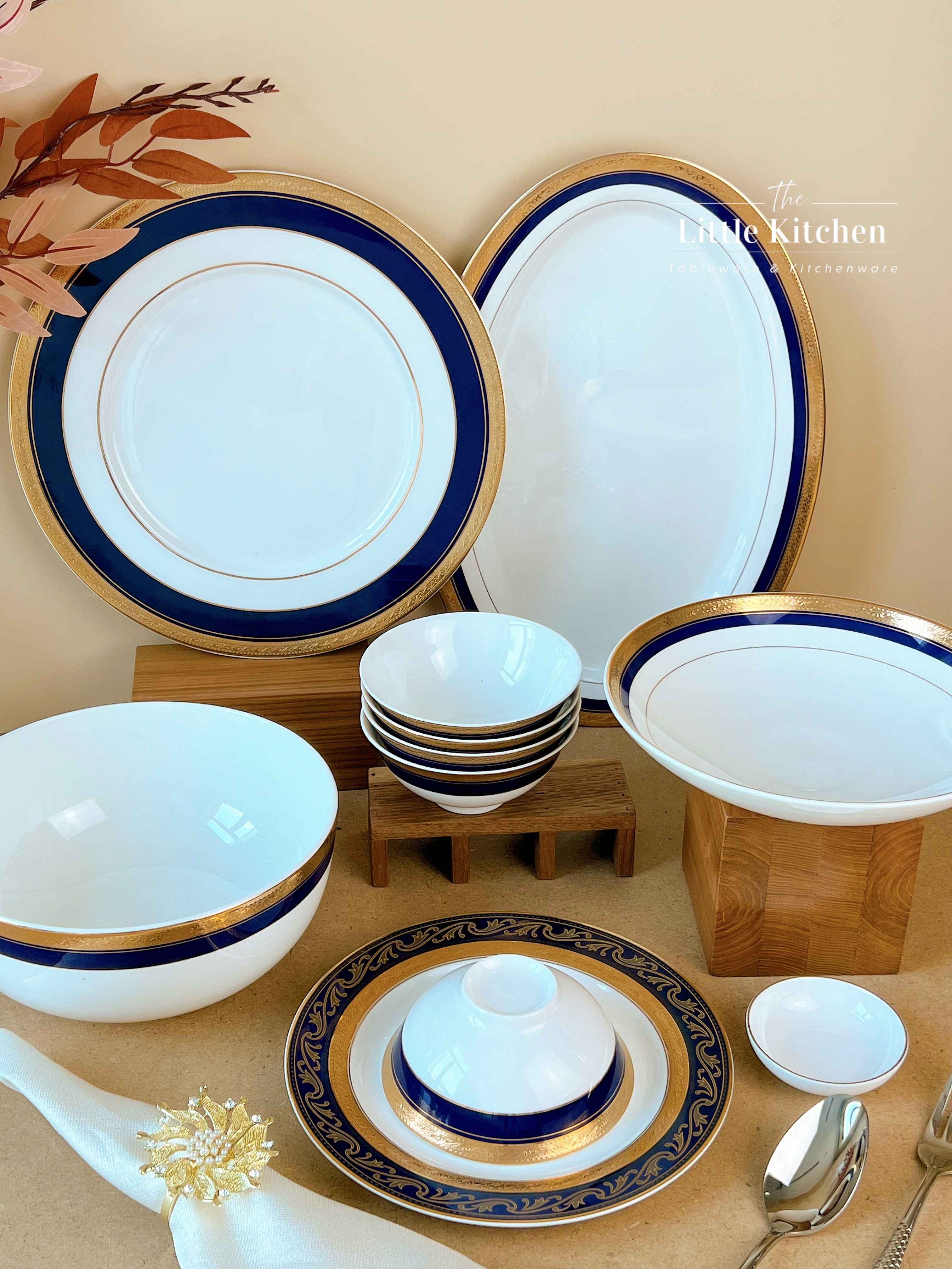 Bộ bát đĩa cao cấp sứ xương viền lam vàng