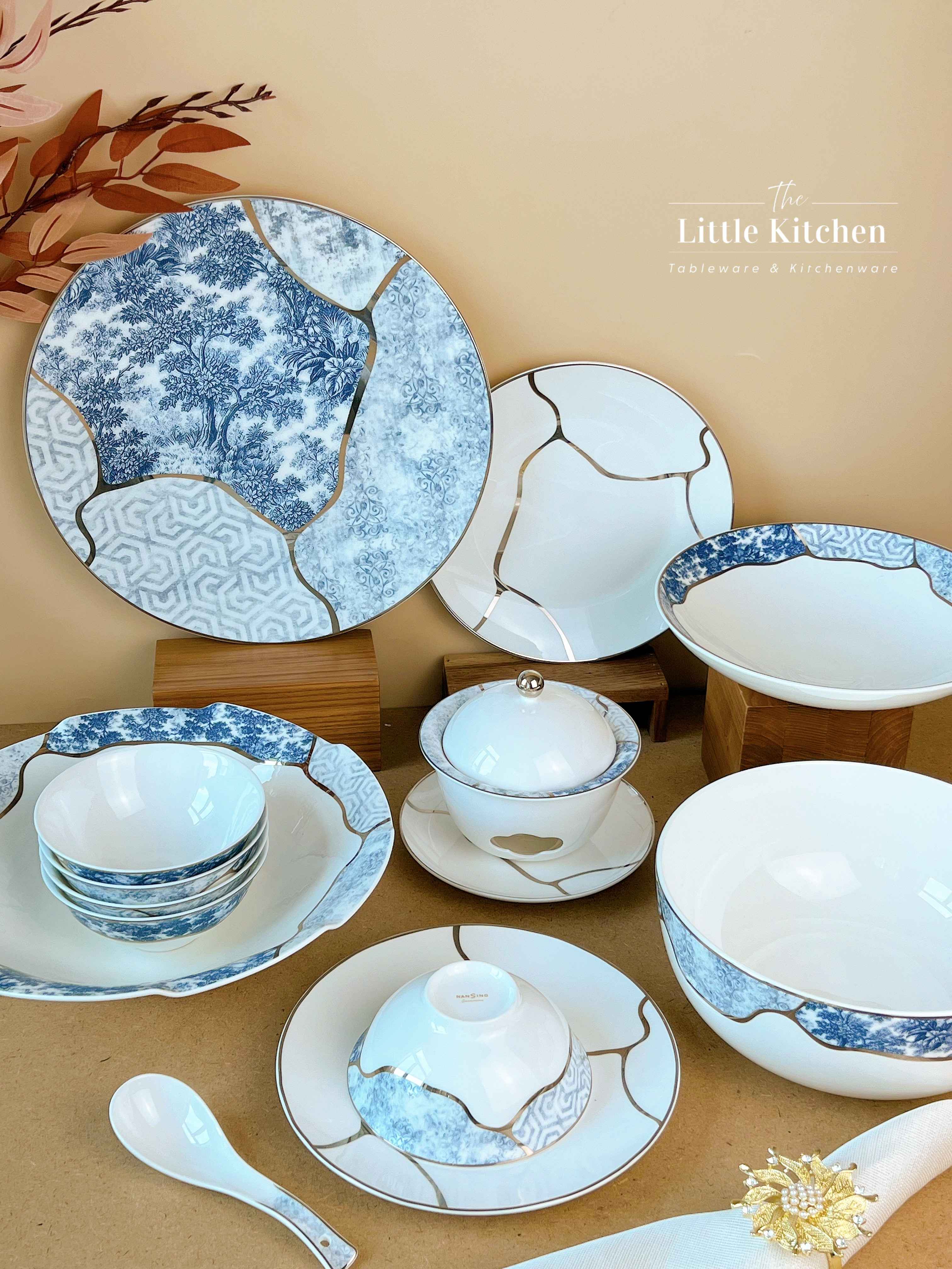 Bộ bát đĩa cao cấp sứ xương hoa văn lam