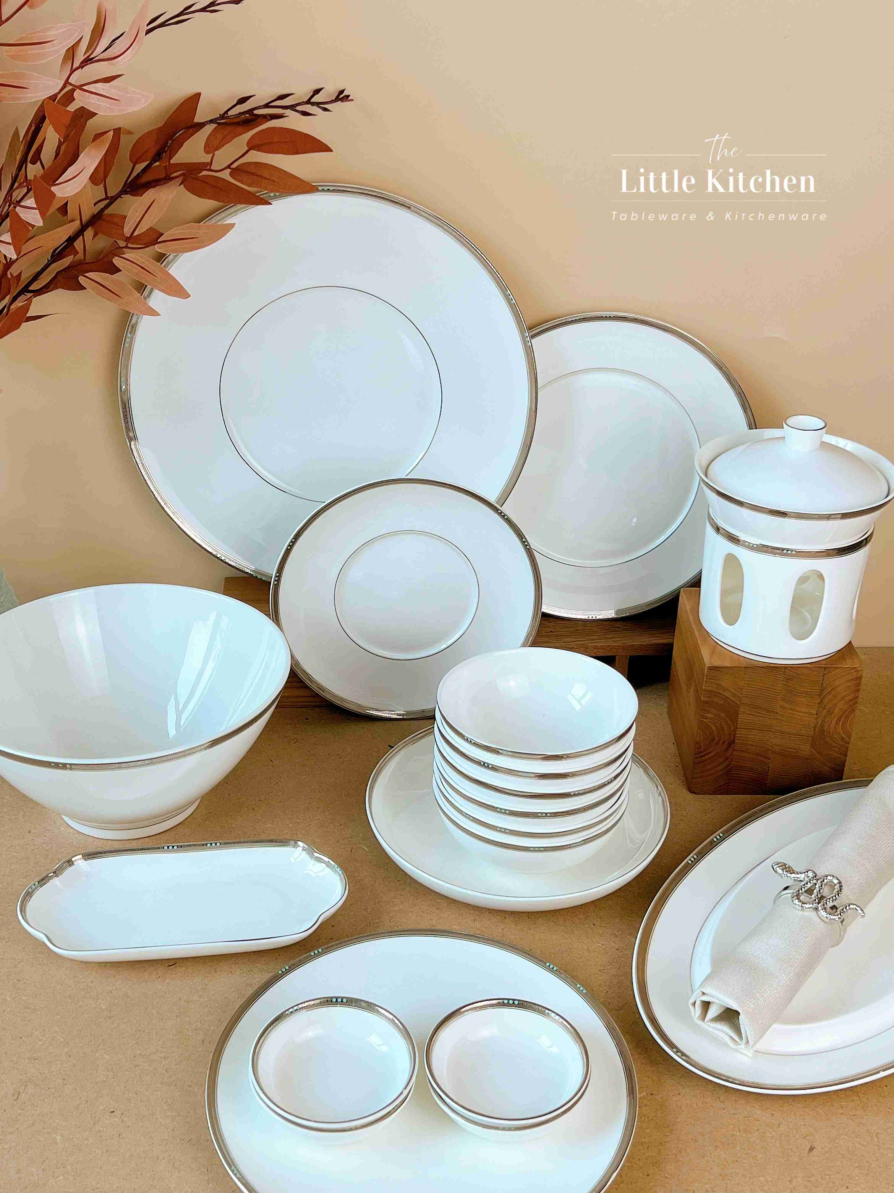 Bộ bát đĩa cao cấp sứ  Magie màu trắng viền bi