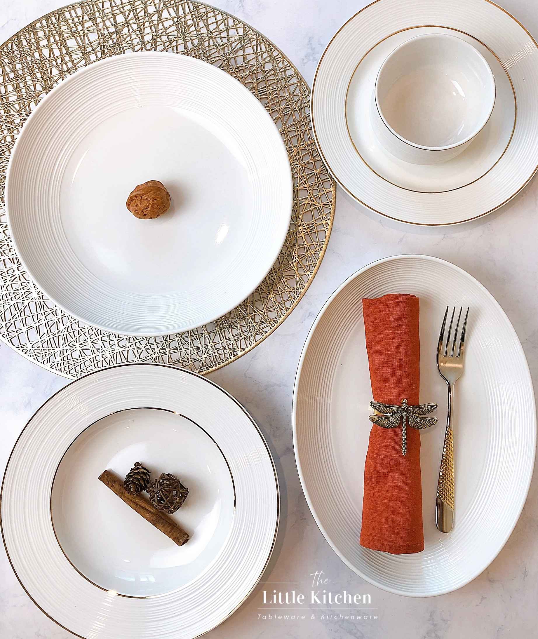 Bộ bát đĩa cao cấp màu trắng họa tiết gân viền vàng