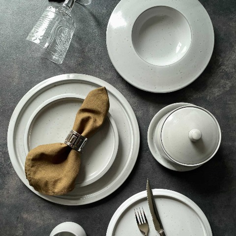 Bộ bát đĩa nhà hàng cao cấp màu ghi họa tiết chấm tiêu