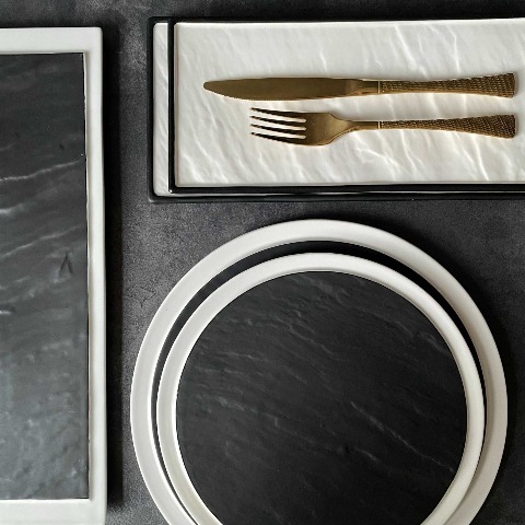 Bộ đĩa nhà hàng cao cấp màu đen viền trắng