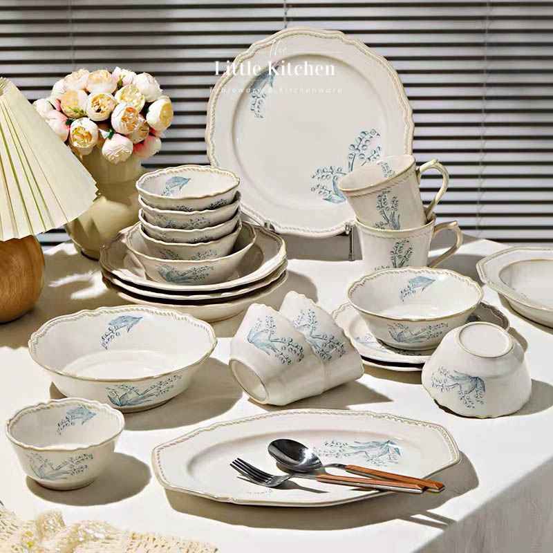 Bộ bát đĩa cao cấp Trắng hoa xanh