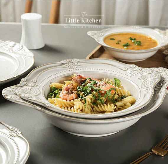 Bộ bát đĩa cao cấp phong cách vintage màu be hoa tiết viền hoa nổi