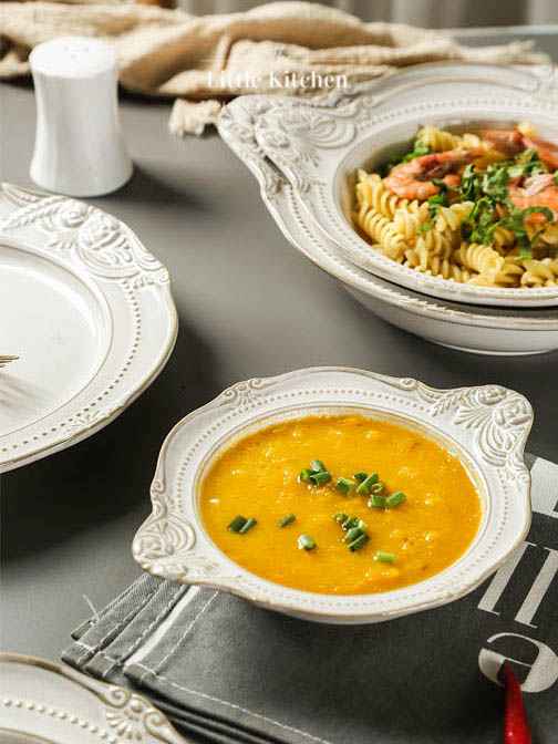 Bộ bát đĩa cao cấp phong cách vintage màu be hoa tiết viền hoa nổi