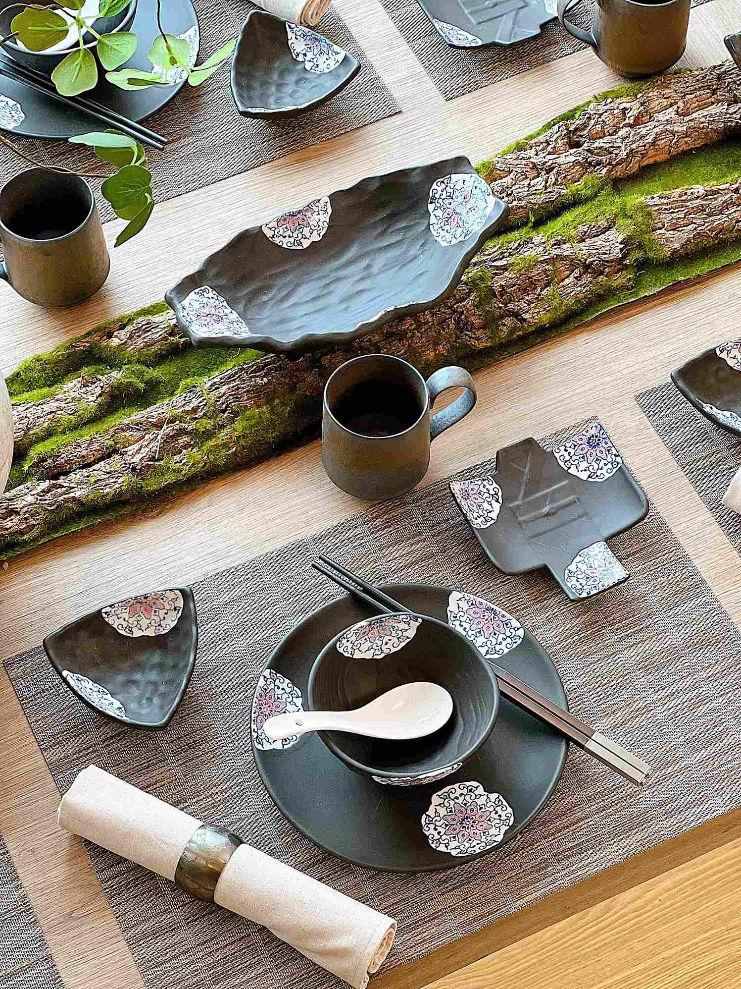 Set tiệc bát đĩa đen kimono