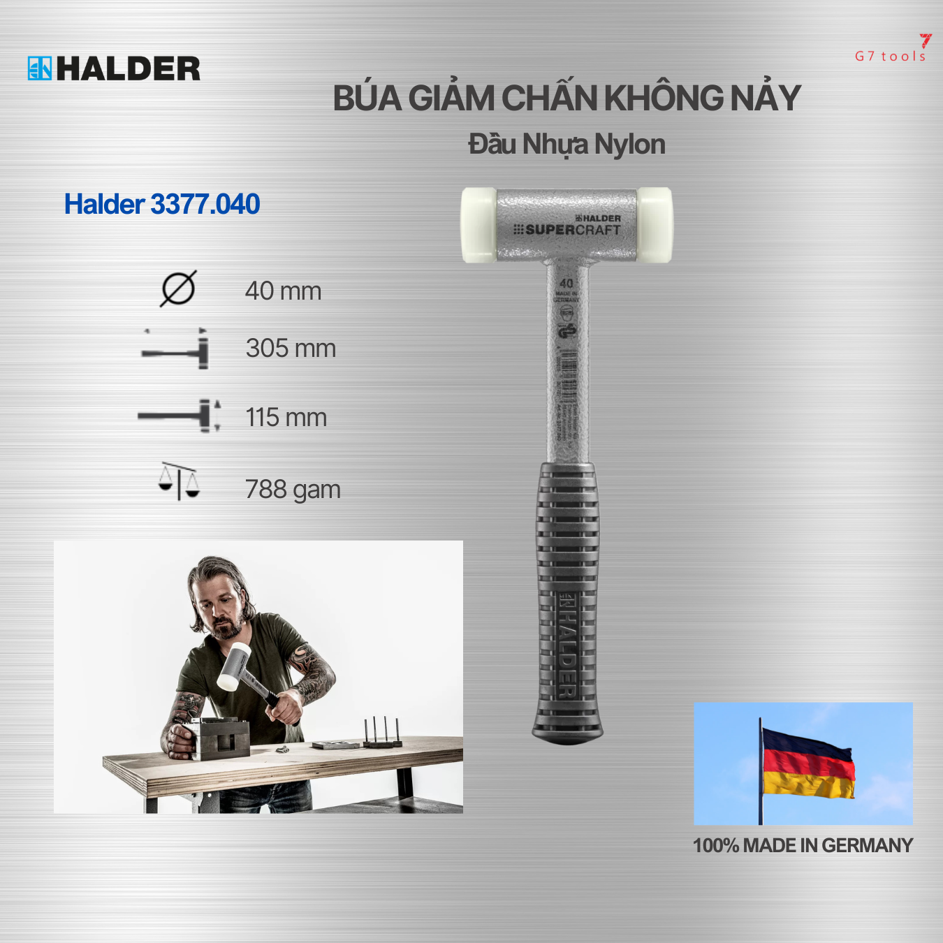 Búa đầu nhựa nylon cao cấp giảm chấn không nảy Halder