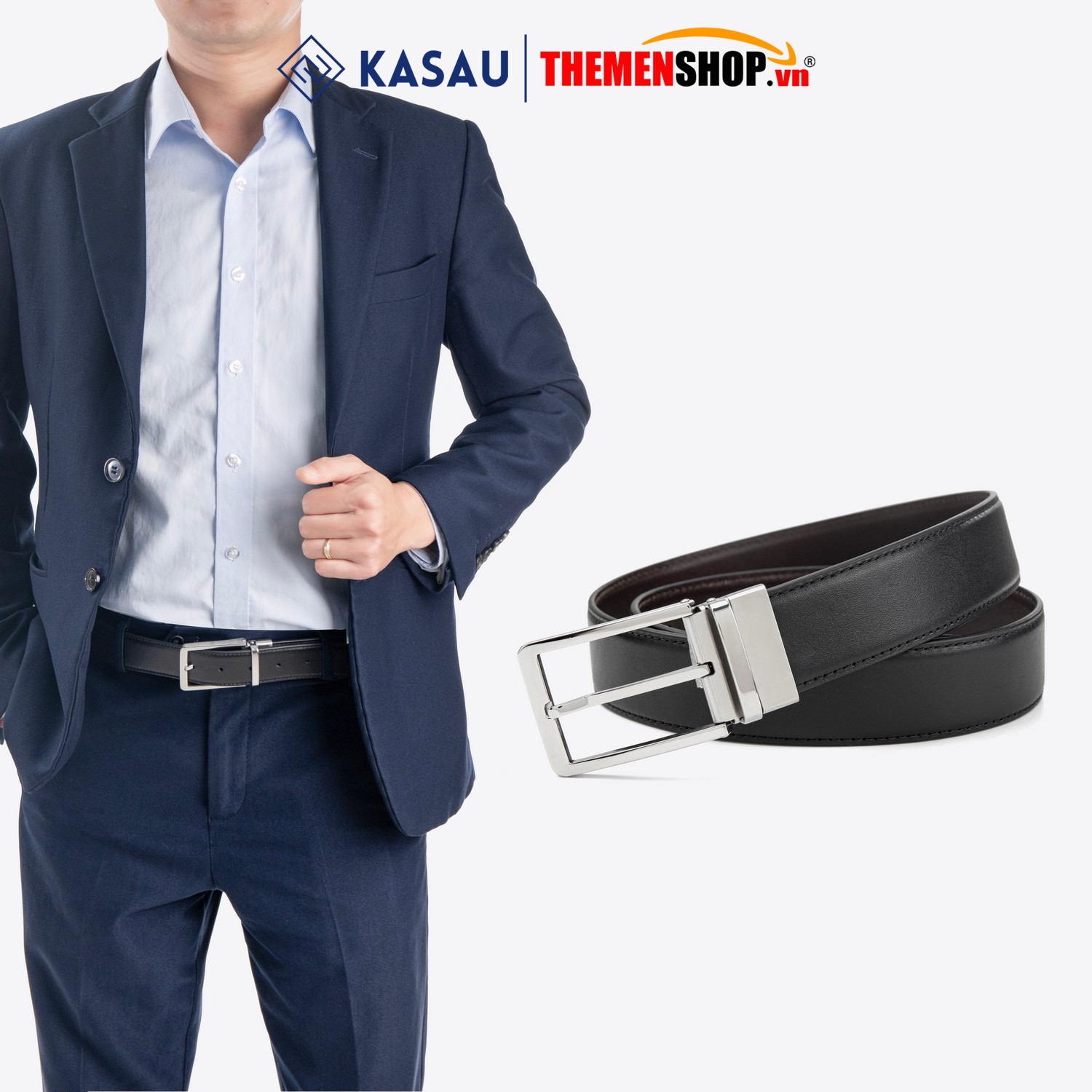 Dây thắt lưng nam hiệu KASAU khóa lỗ bản 3.4cm KS01KL34