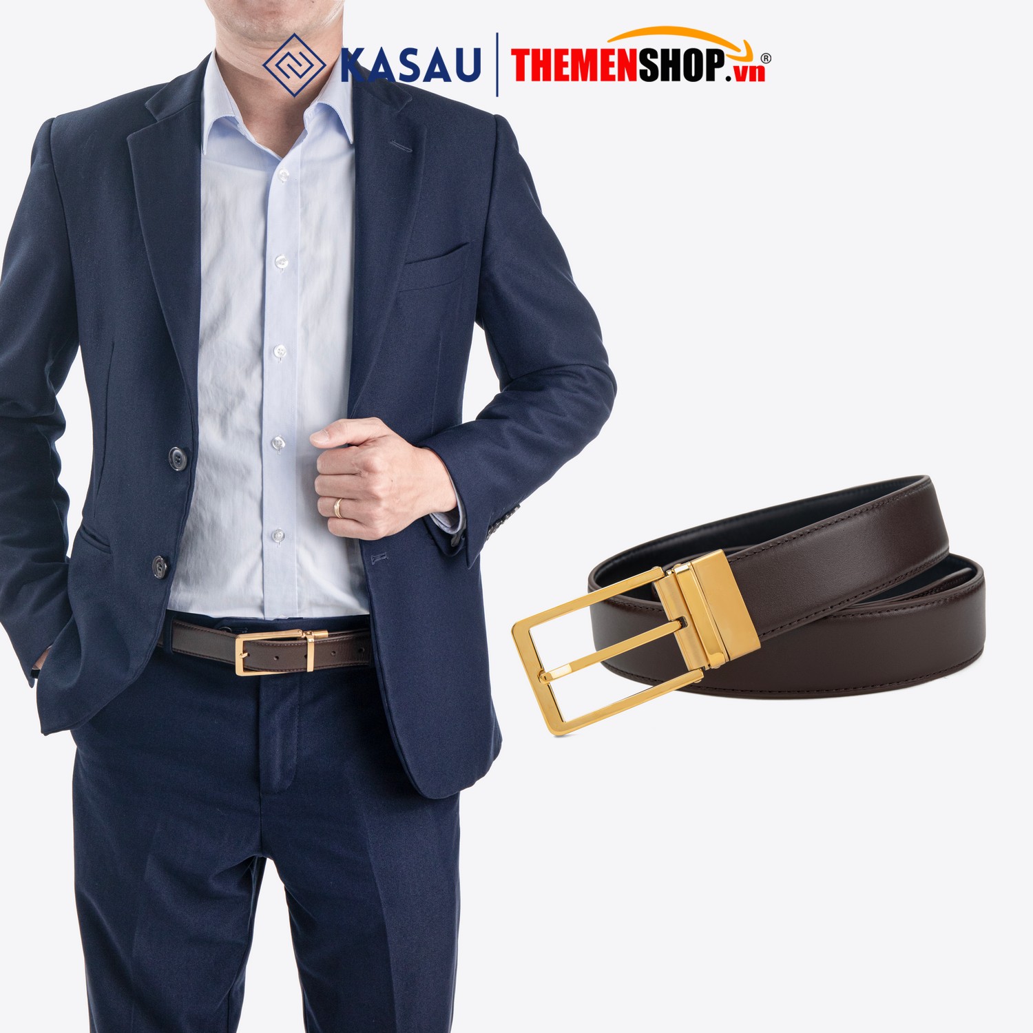 Dây thắt lưng nam hiệu KASAU khóa lỗ bản 3.4cm KS01KL34