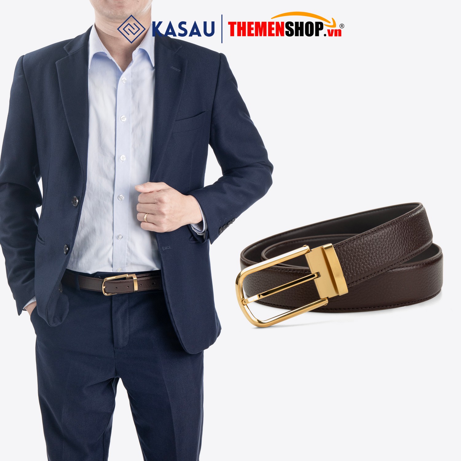 Dây thắt lưng nam hiệu KASAU khóa lỗ bản 3.4cm KS02KL34