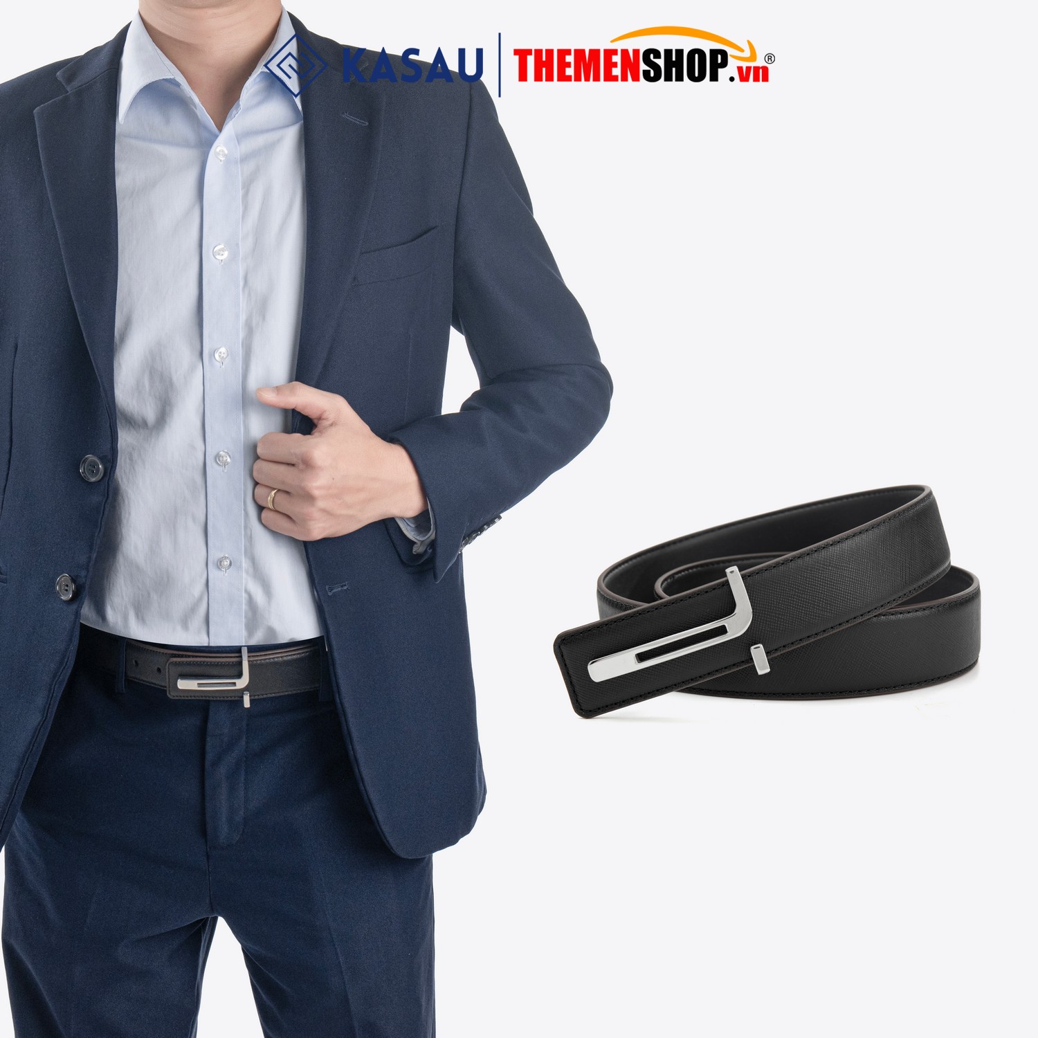 Dây thắt lưng nam hiệu KASAU khóa lỗ bản 3.4cm KS03KL34