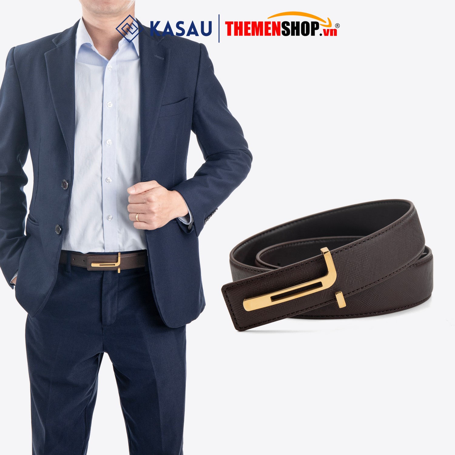 Dây thắt lưng nam hiệu KASAU khóa lỗ bản 3.4cm KS03KL34