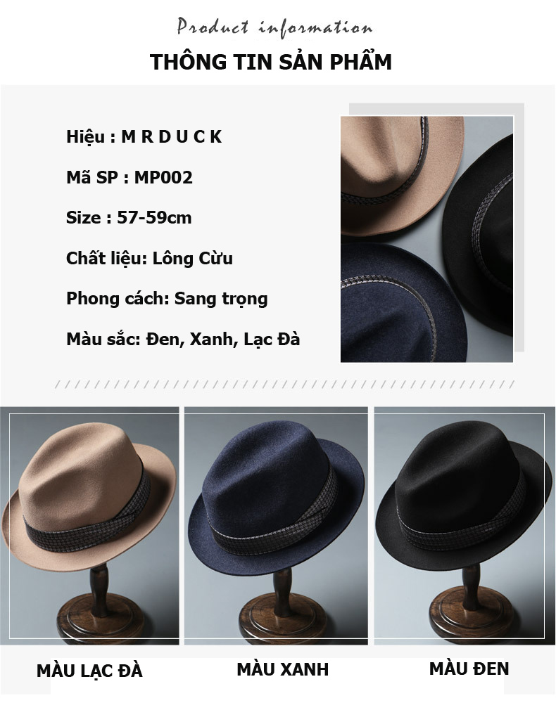 Mũ phớt nam lông cừu cao cấp hiệu MrDuck MP032
