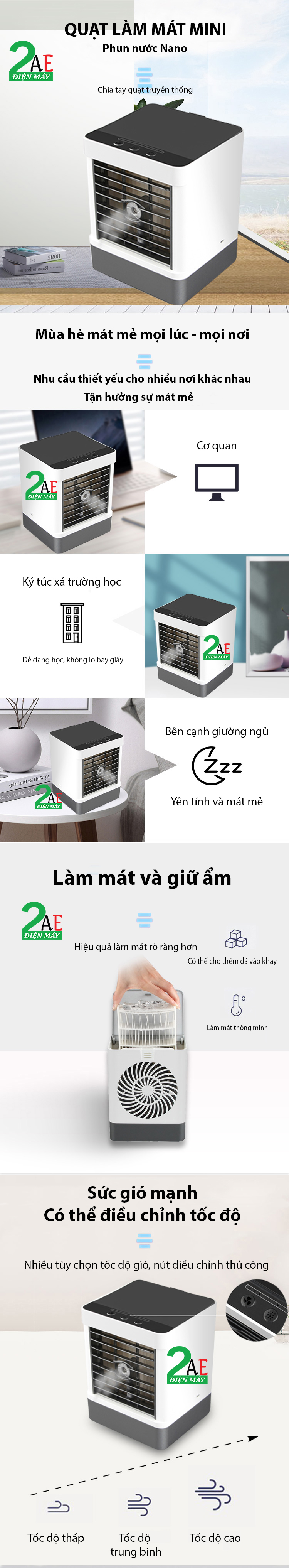 Quạt làm mát không khí bằng hơi nước mini, tích hợp phun sương, làm ẩm không khí