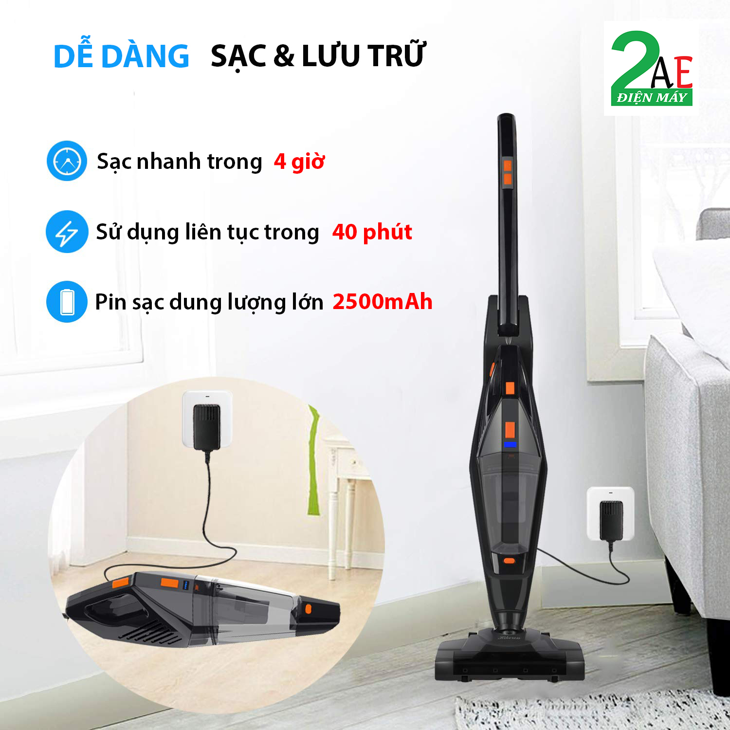 Máy hút bụi cầm tay Hikeren không dây cao cấp, sạc pin 2 trong 1