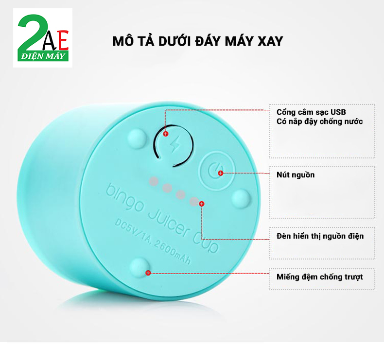 Máy xay sinh tố cầm tay Bingo, 4 lưỡi xay, sạc pin cổng USB